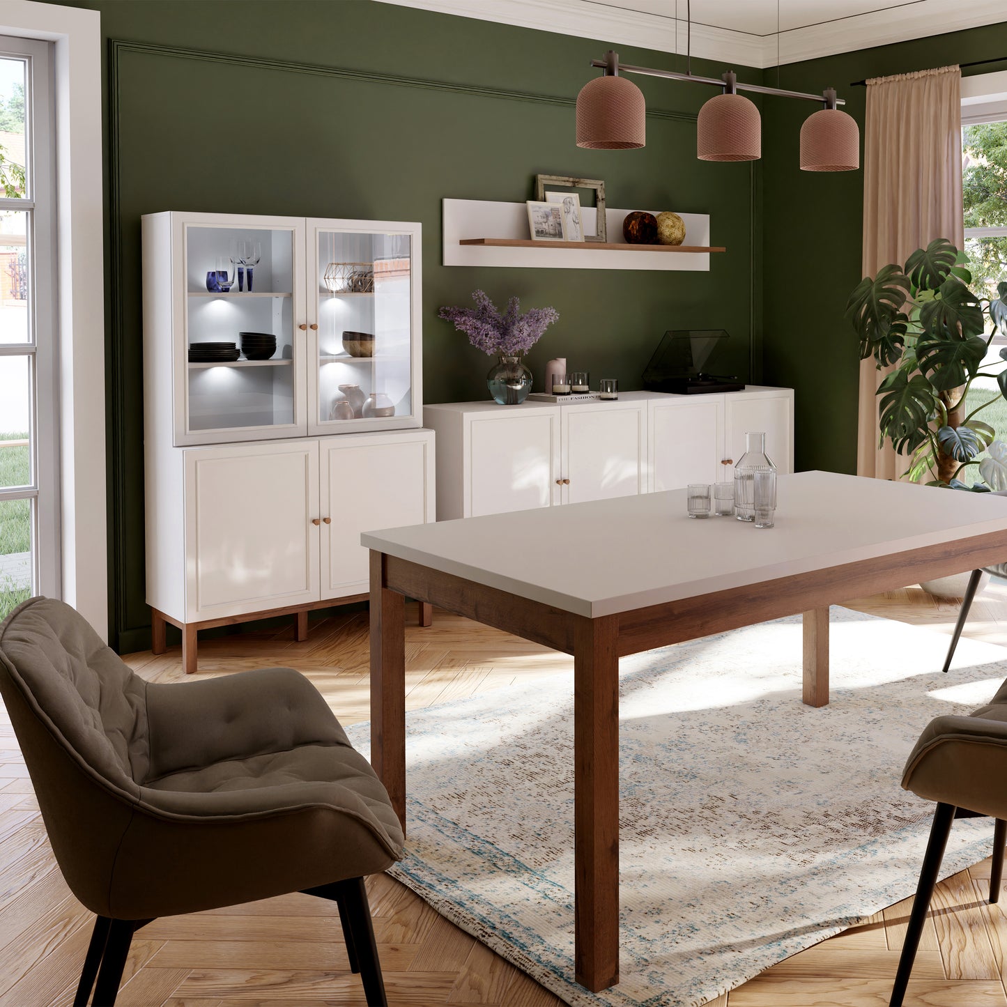 Wensley Display Cabinet with 2 Doors and 2 Glass Doors in Light Grey and Oak