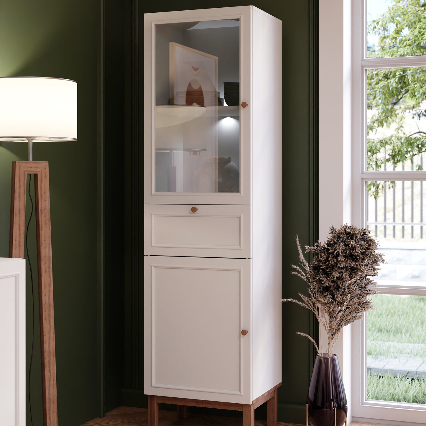 Wensley Display Cabinet with 1 Door 1 Drawer and 1 Glass Door in Light Grey and Oak