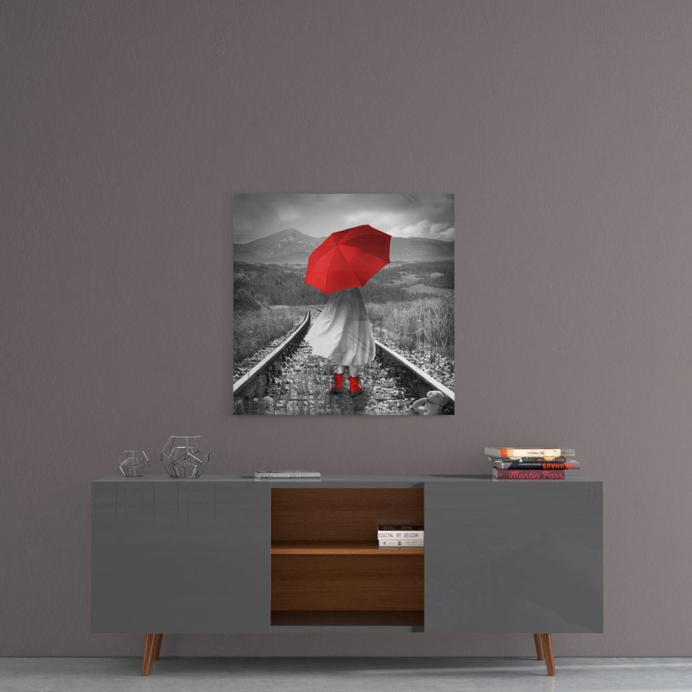 Girl with Red Umbrella Glass Wall Art