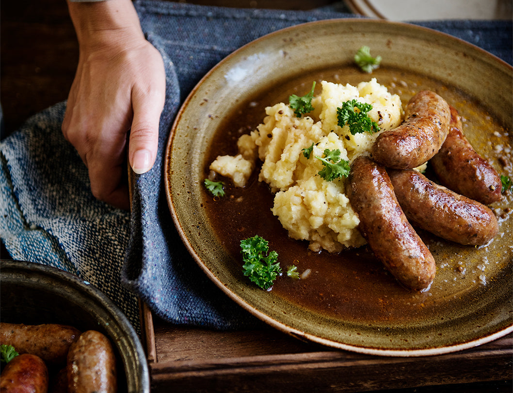 Bangers and Mash with Peas and Gravy