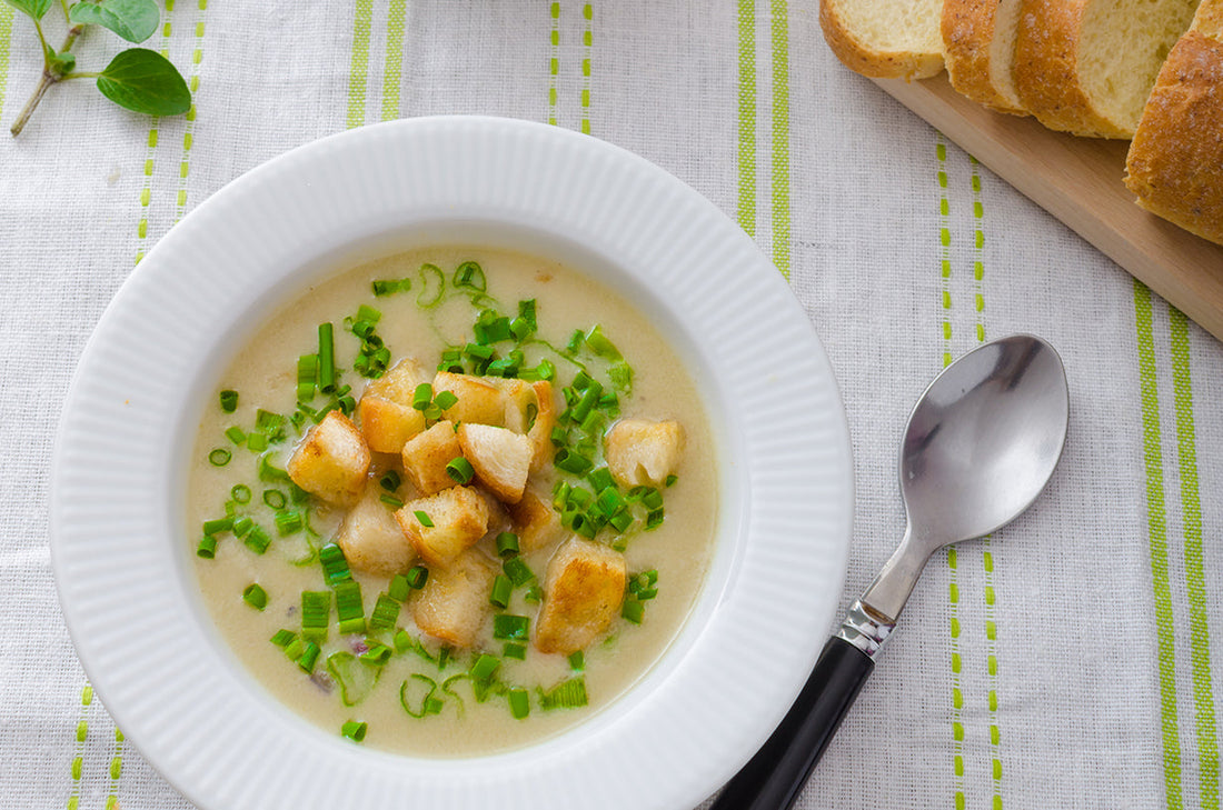 Celeriac and Apple Soup with Thyme Croutons
