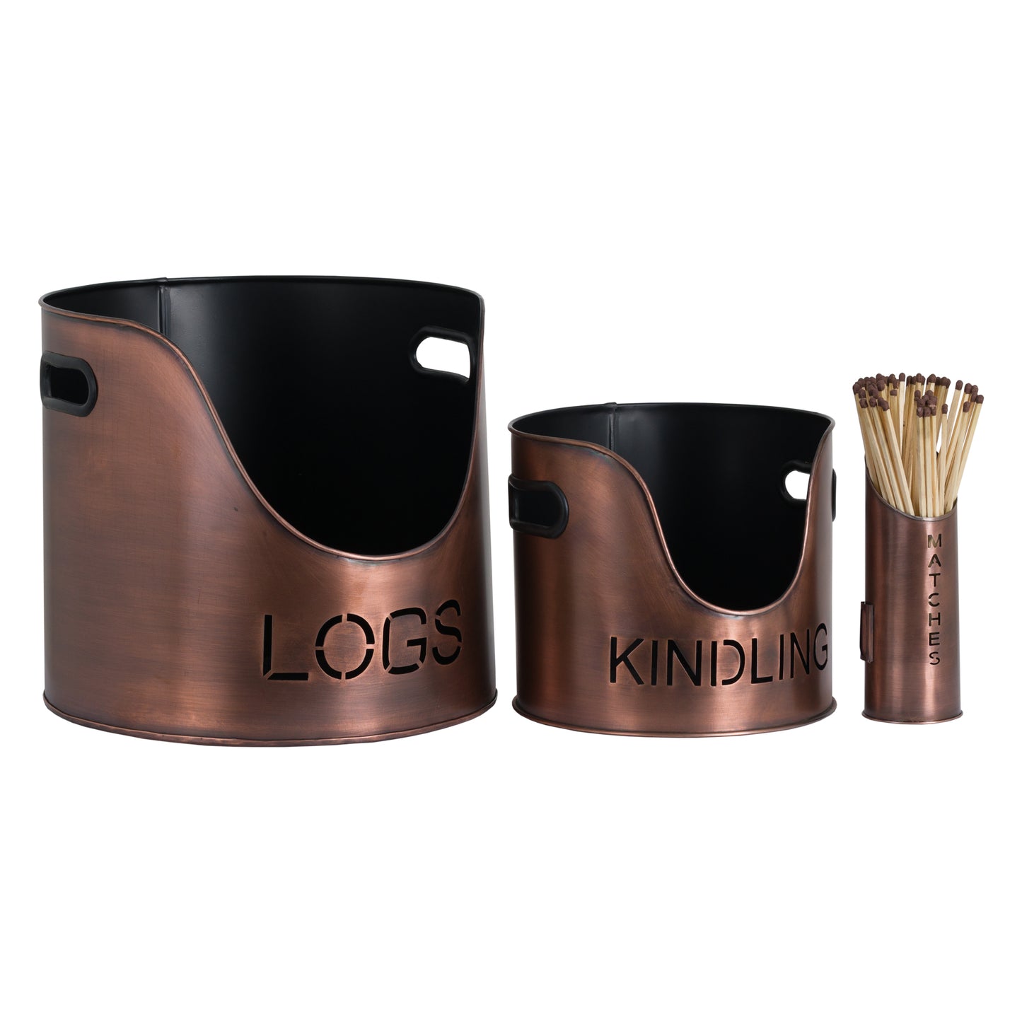 Copper Finish Logs And Kindling Buckets & Matchstick Holder