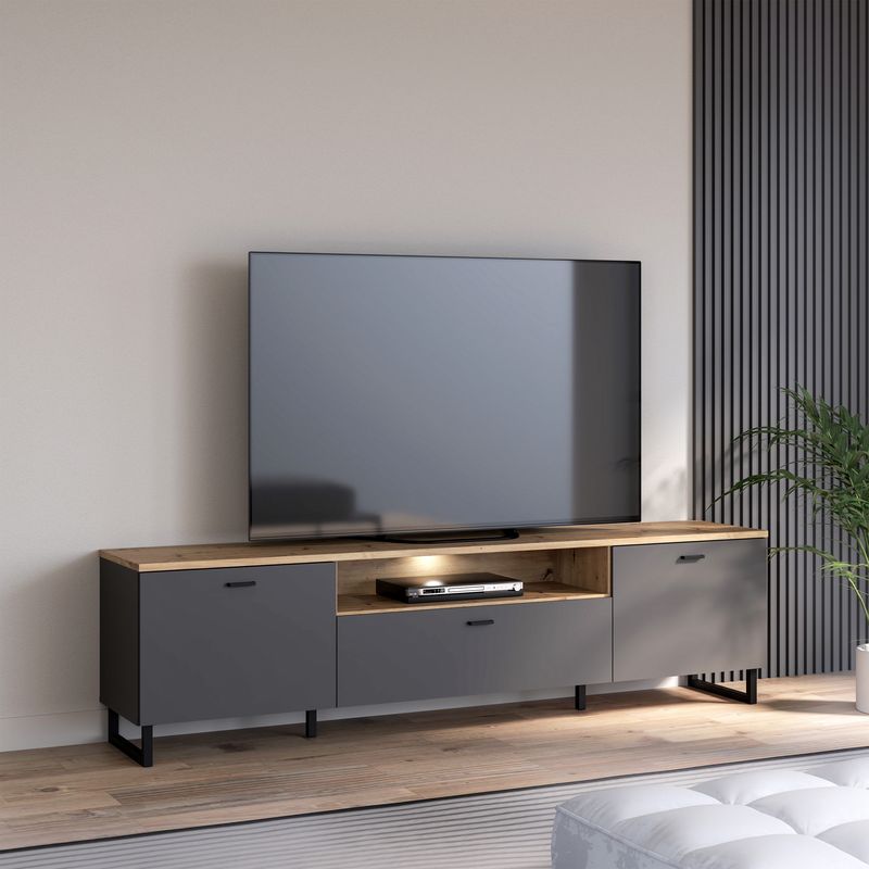 Klara TV Unit with 2 Drawers 1 Flip Door in Grey and Oak inc LED Lighting