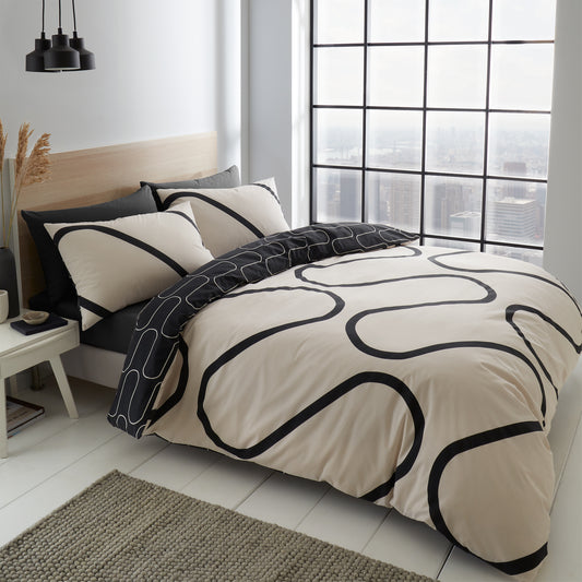 Catherine Lansfield Linear Curve Geometric Reversible Duvet Cover Set with Pillowcases