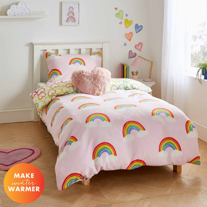 Catherine Lansfield Rainbow Hearts Cosy Fleece Reversible Duvet Cover Set with Pillowcase