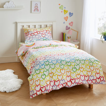 Catherine Lansfield Rainbow Hearts Cosy Fleece Reversible Duvet Cover Set with Pillowcase