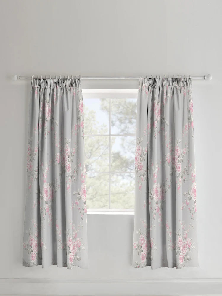 Catherine Lansfield Canterbury Floral  Lined Pencil Pleat Curtains Two Panels