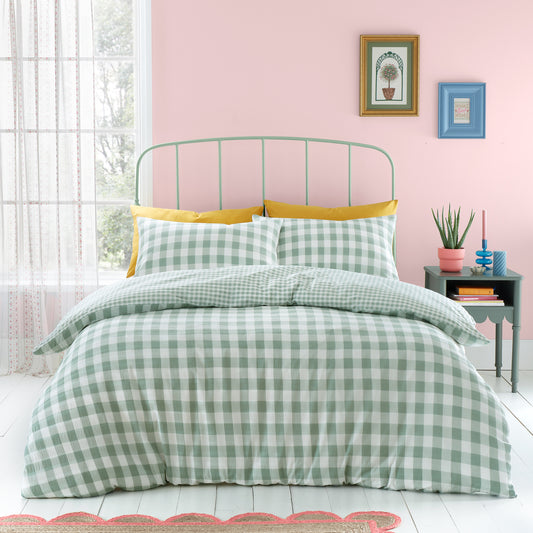 Catherine Lansfield Seersucker Gingham Check Duvet Cover Set with Pillowcases