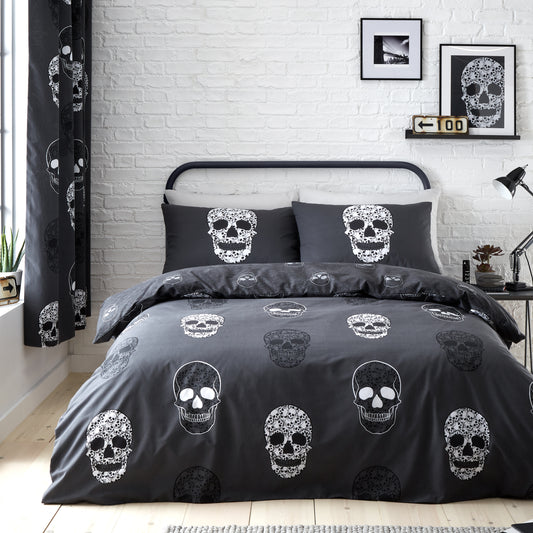 Catherine Lansfield Skulls Reversible Duvet Cover Set with Pillowcases