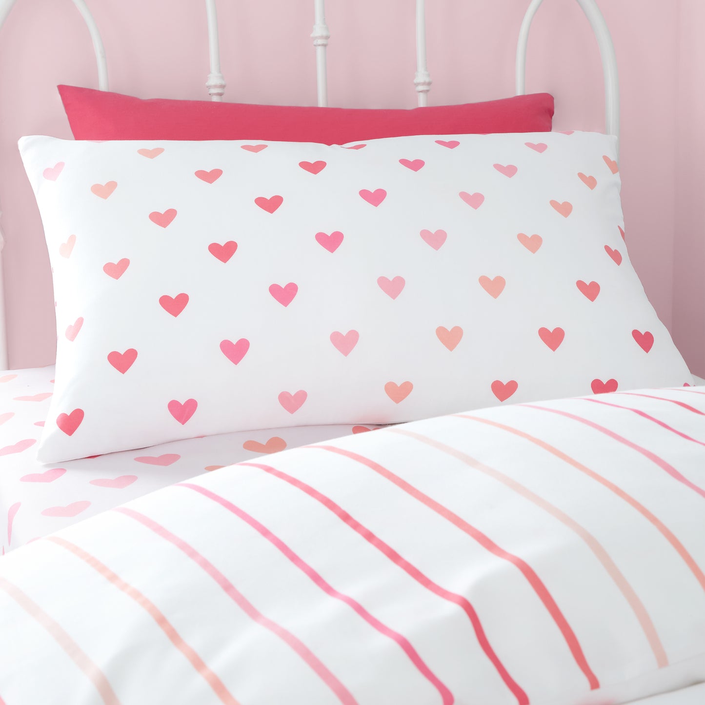 Catherine Lansfield So Soft Hearts and Stripes Duvet Cover Set with Pillowcases Two Pack