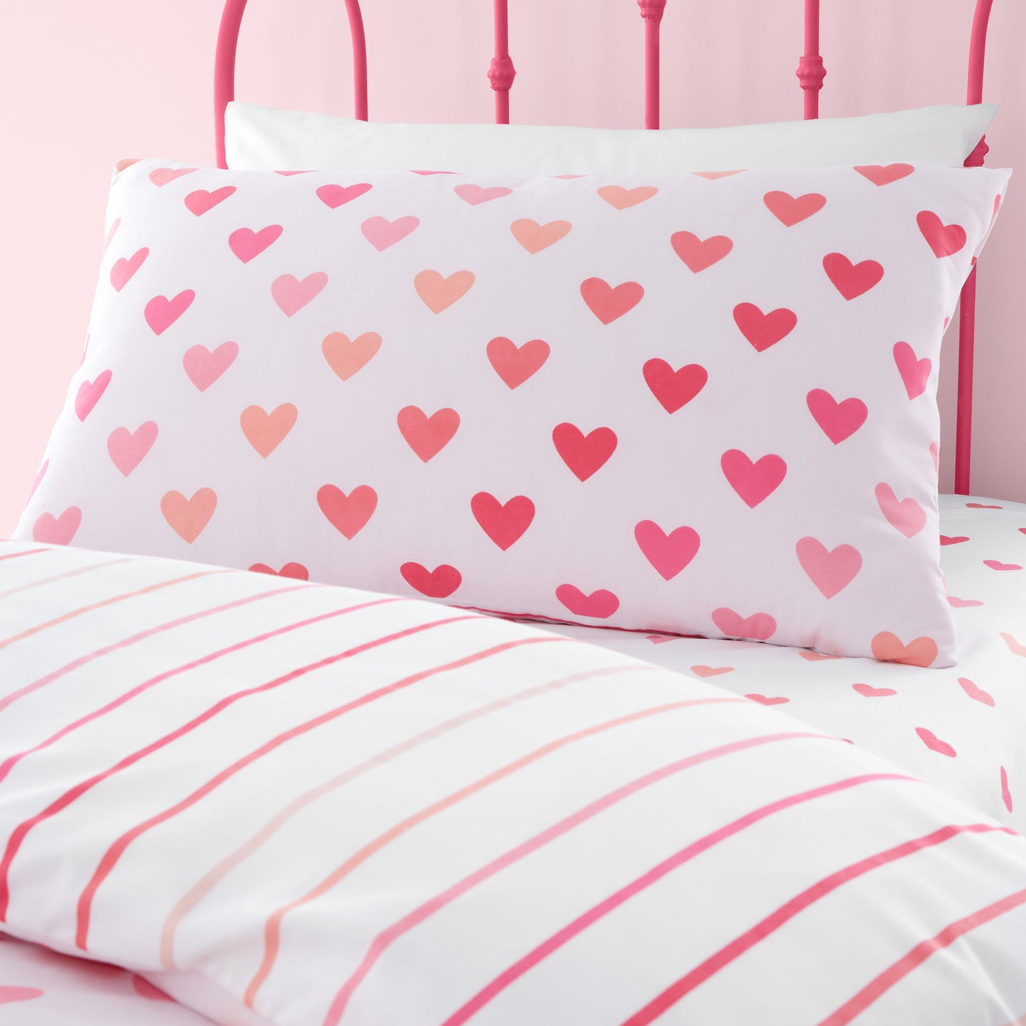 Catherine Lansfield So Soft Hearts and Stripes Duvet Cover Set with Pillowcases Two Pack