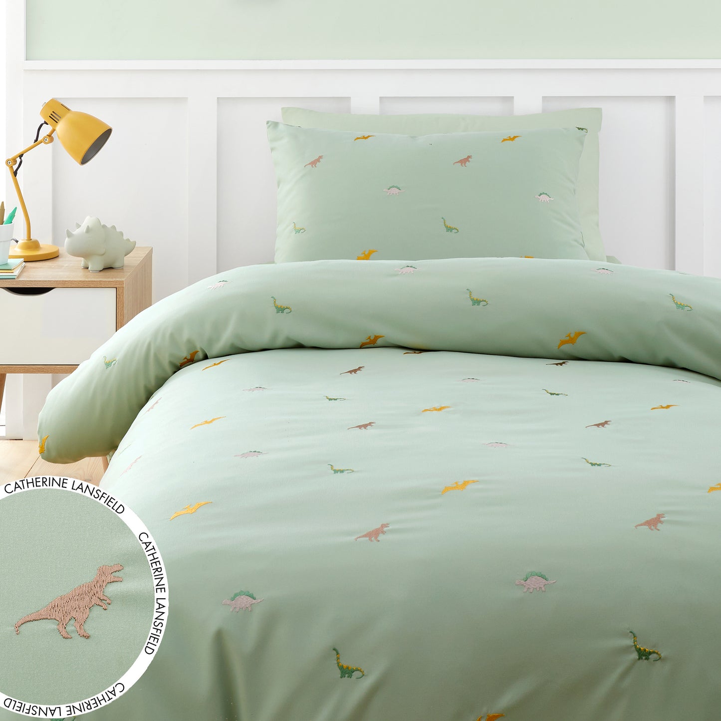 Catherine Lansfield Embroidered Dinosaur Duvet Cover Set with Pillowcases