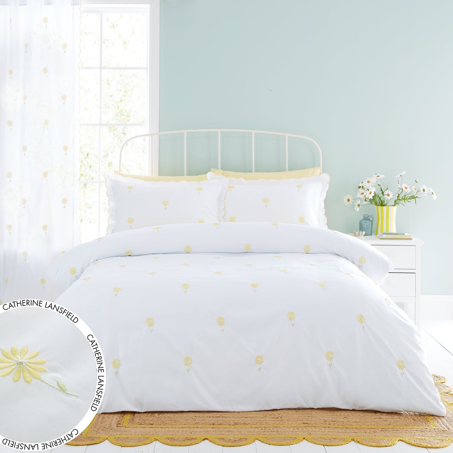 Catherine Lansfield Lorna Embroidered Daisy Duvet Cover Set with Pillowcases