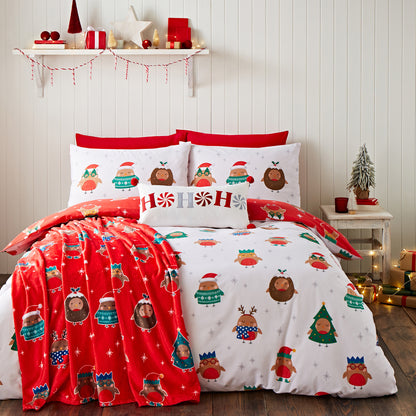 Catherine Lansfield Christmas Party Robins Reversible Duvet Cover Set with Pillowcases