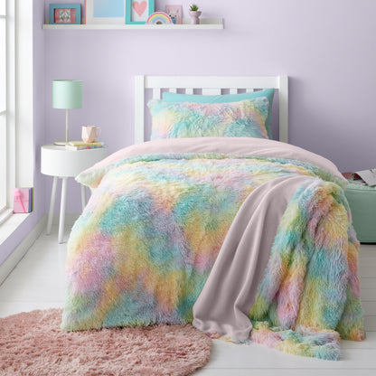 Catherine Lansfield Rainbow Cuddly Deep Pile Faux Fur Duvet Cover Set with Pillowcases