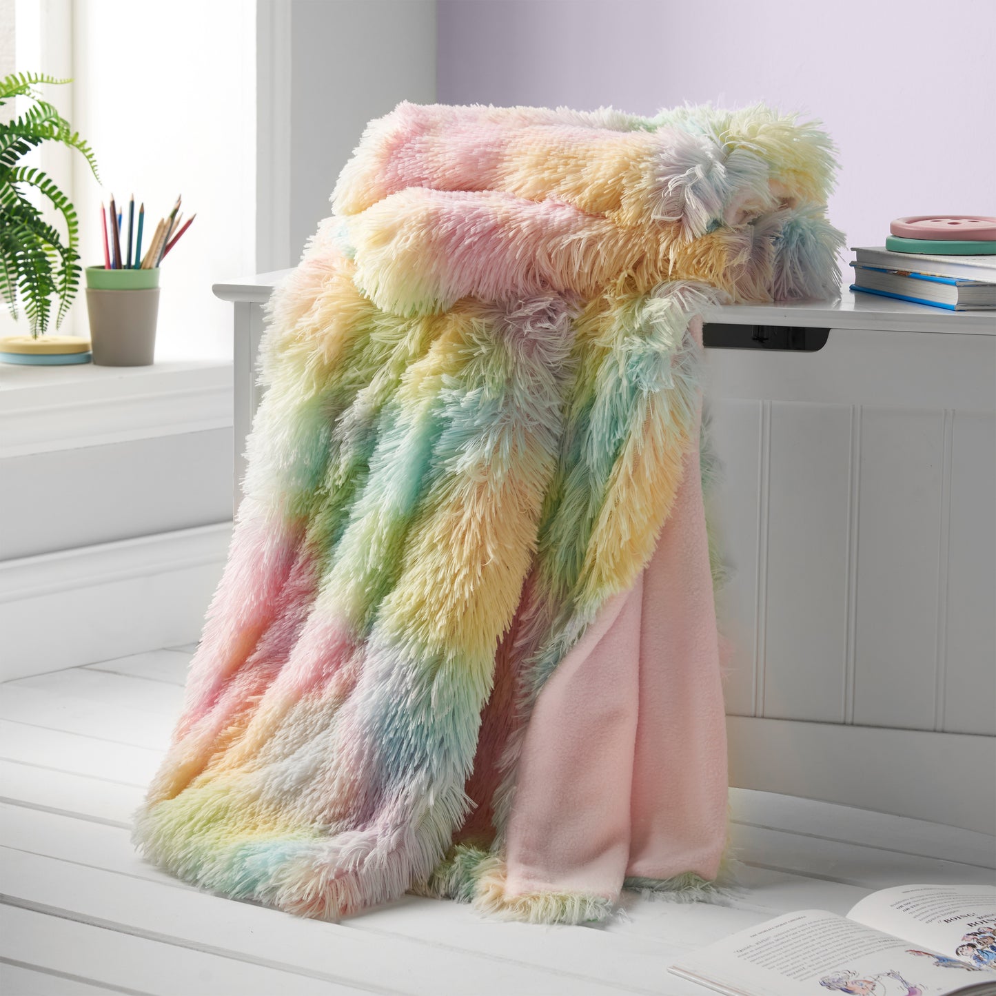 Catherine Lansfield Cuddly Rainbow Deep Pile Faux Fur Blanket Throw