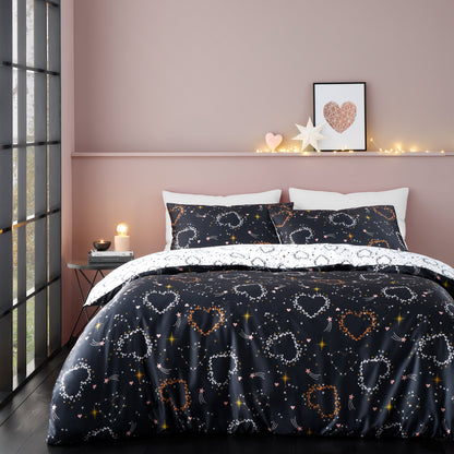 Catherine Lansfield Cosmic Hearts and Stars Reversible Duvet Cover Set with Pillowcases