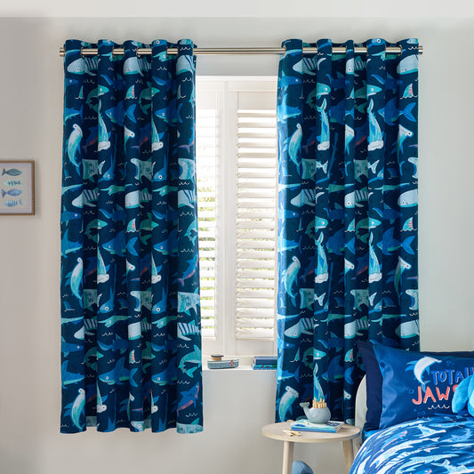 Catherine Lansfield Kids Jawsome Shark Fully Reversible Eyelet Curtain Two Panels