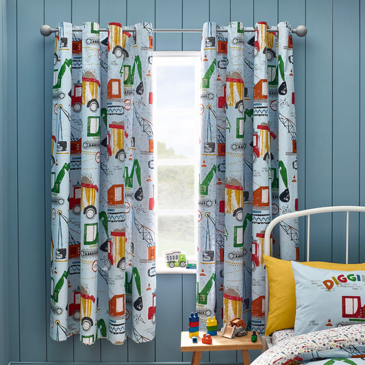 Catherine Lansfield Kids Digger Dreams Reversible Eyelet Curtains Two Panels