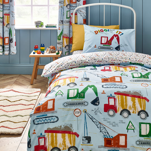 Catherine Lansfield Kids Digger Dreams Reversible Duvet Cover Set with Pillowcases