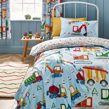 Catherine Lansfield Kids Digger Dreams Reversible Duvet Cover Set with Pillowcases