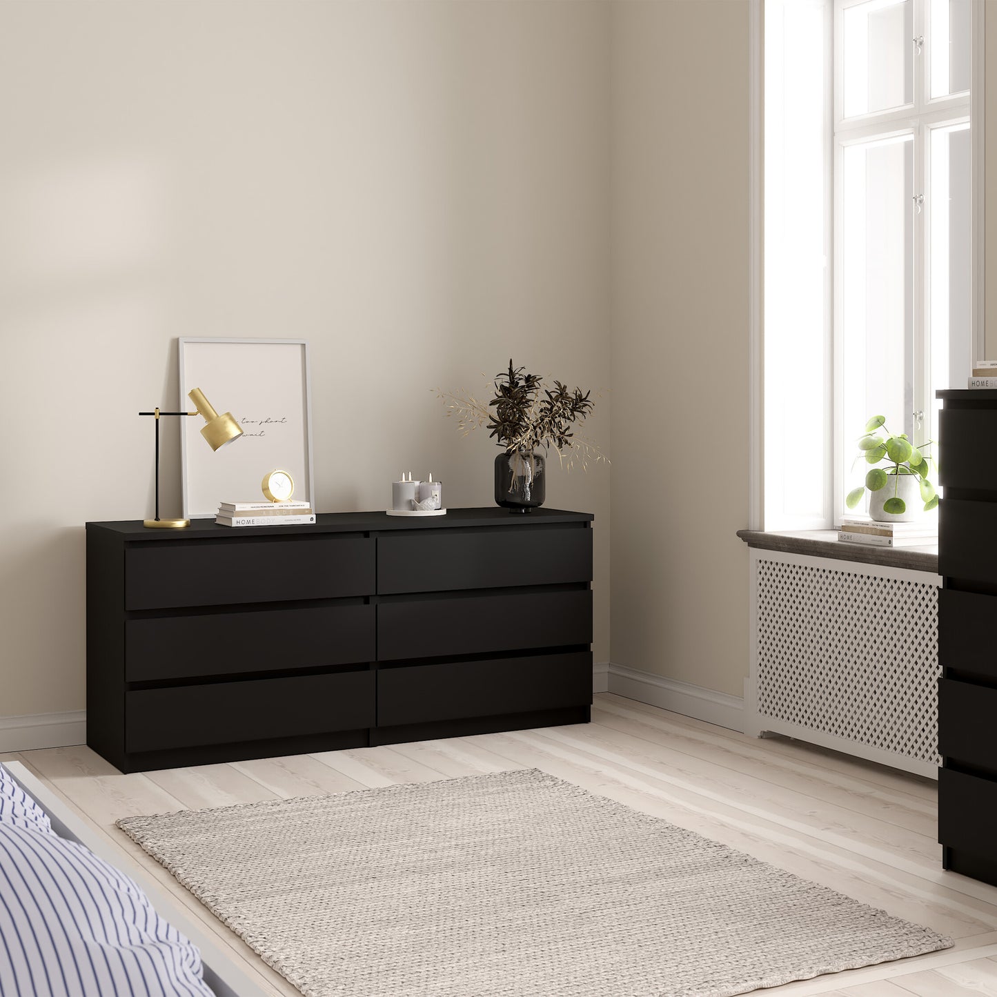 Naia Wide Chest of 6 Drawers (3+3) in Black Matt