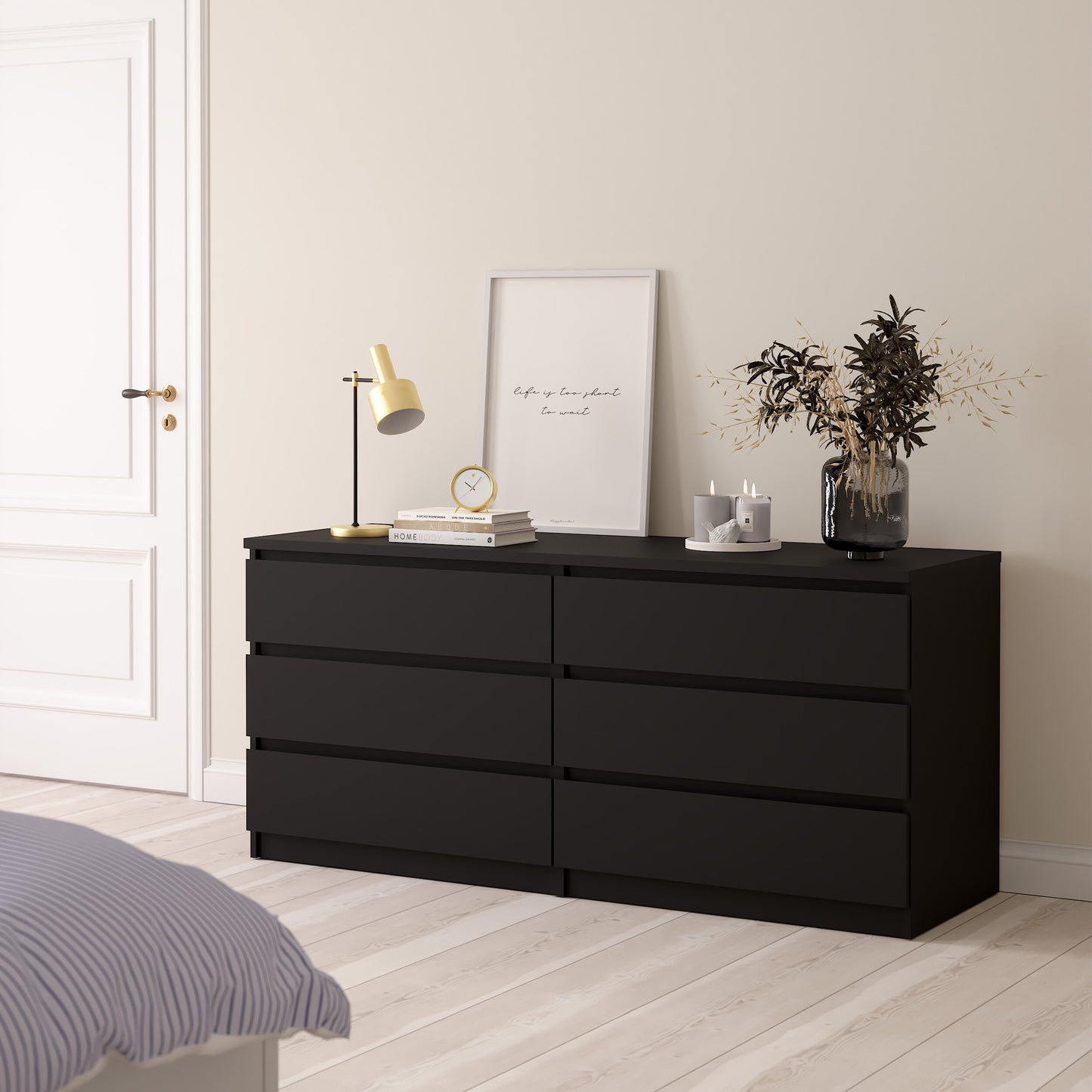Naia Wide Chest of 6 Drawers (3+3) in Black Matt