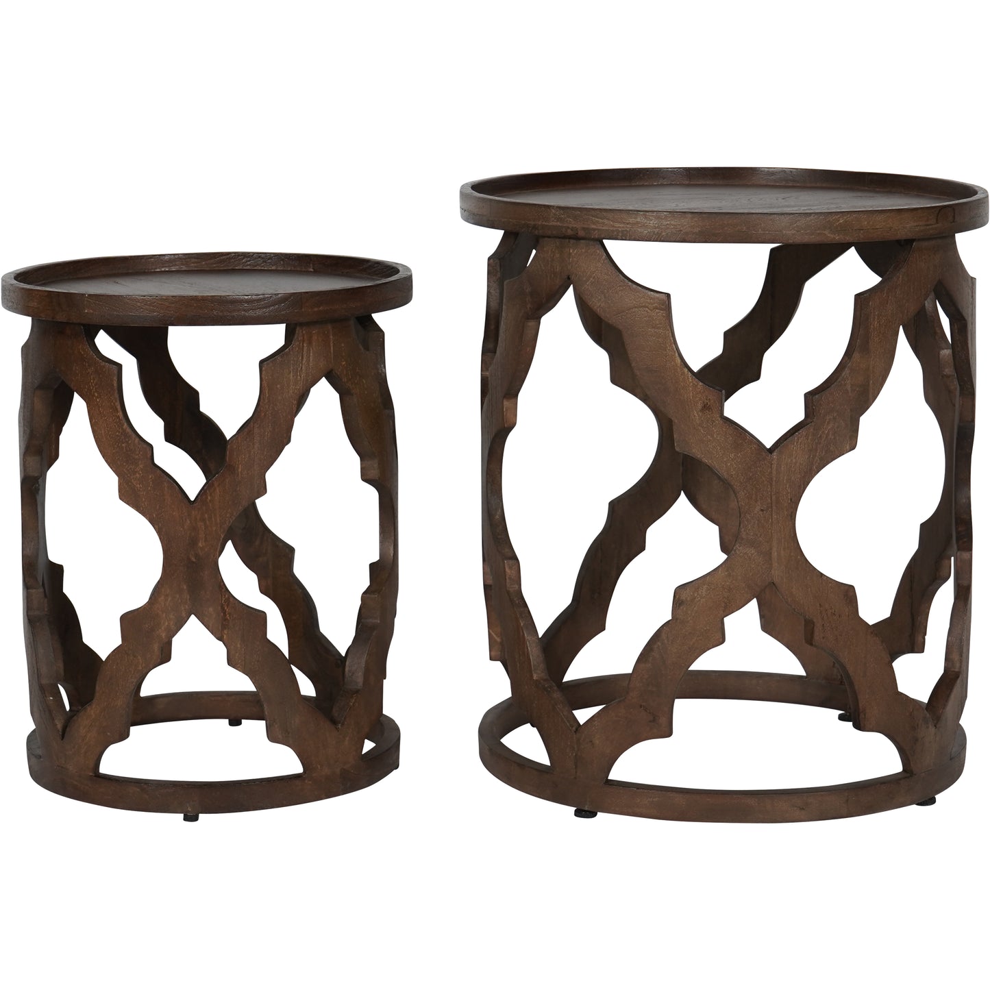 Kielder Solid Carved Wooden Set of 2 Nesting Side Tables in Dark Brown