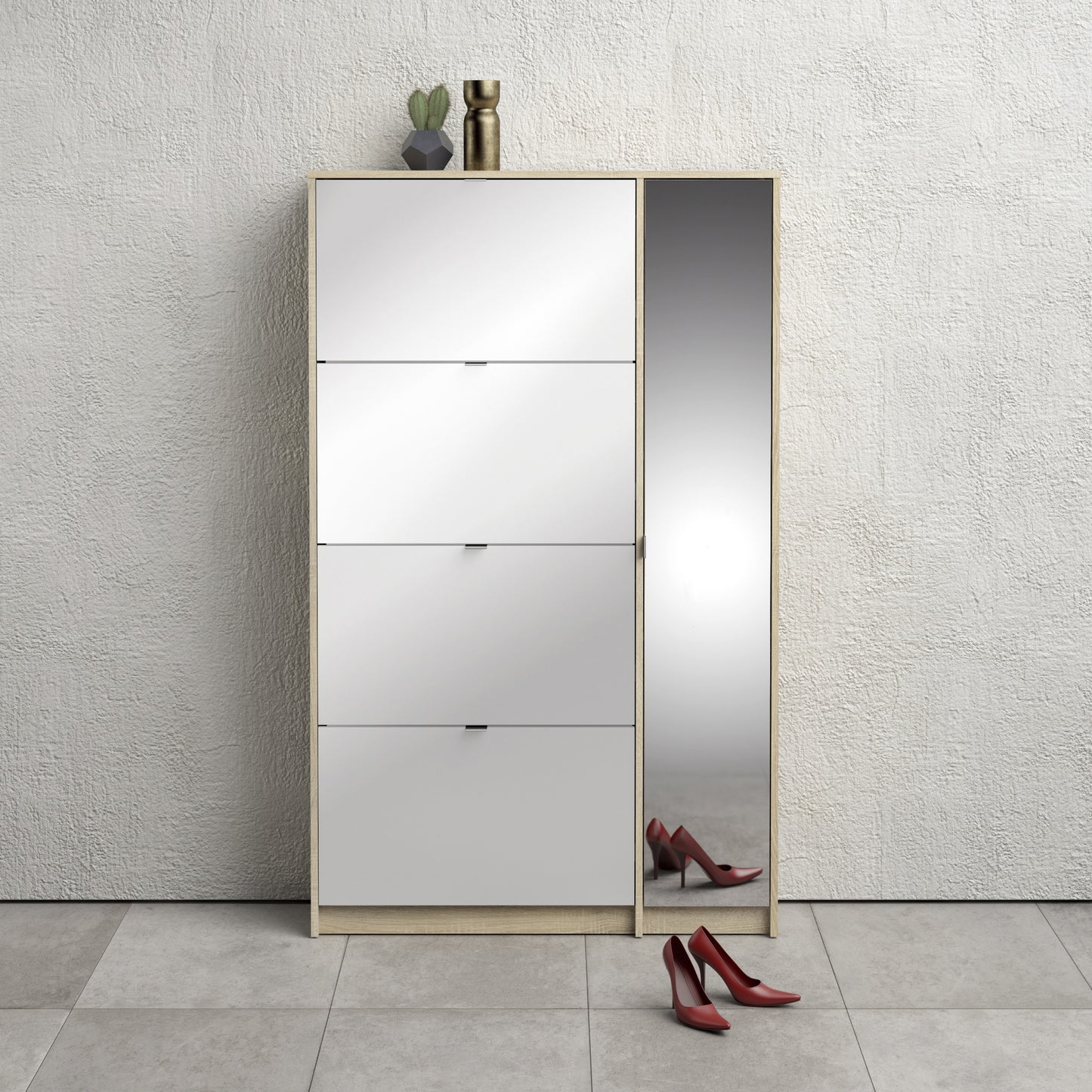 Shoes Shoe Cabinet 4 Flip Down Mirror Doors and 2 layers in White