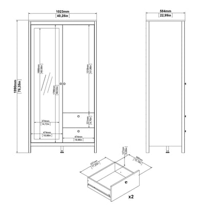 Barcelona Wardrobe with 1 Door 1 Mirror Door 2 Drawers