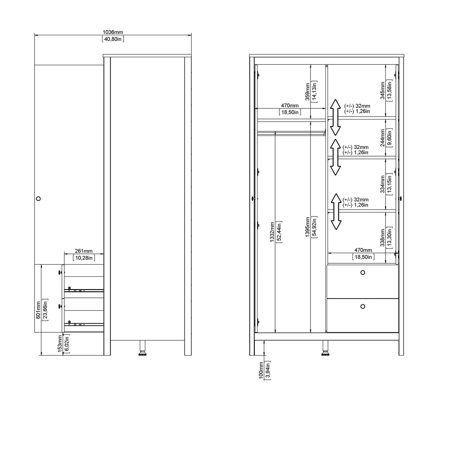 Barcelona Wardrobe with 1 Door 1 Mirror Door 2 Drawers