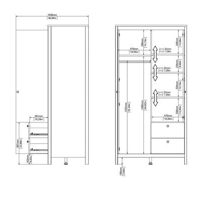 Barcelona Wardrobe with 1 Door 1 Mirror Door 2 Drawers