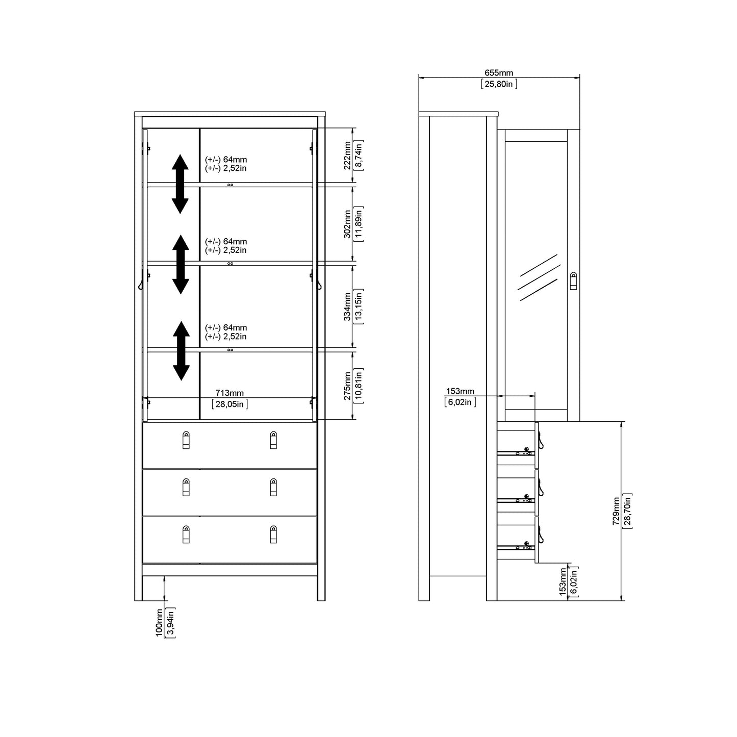 Barcelona China Cabinet 2 Glass Doors with 3 Drawers