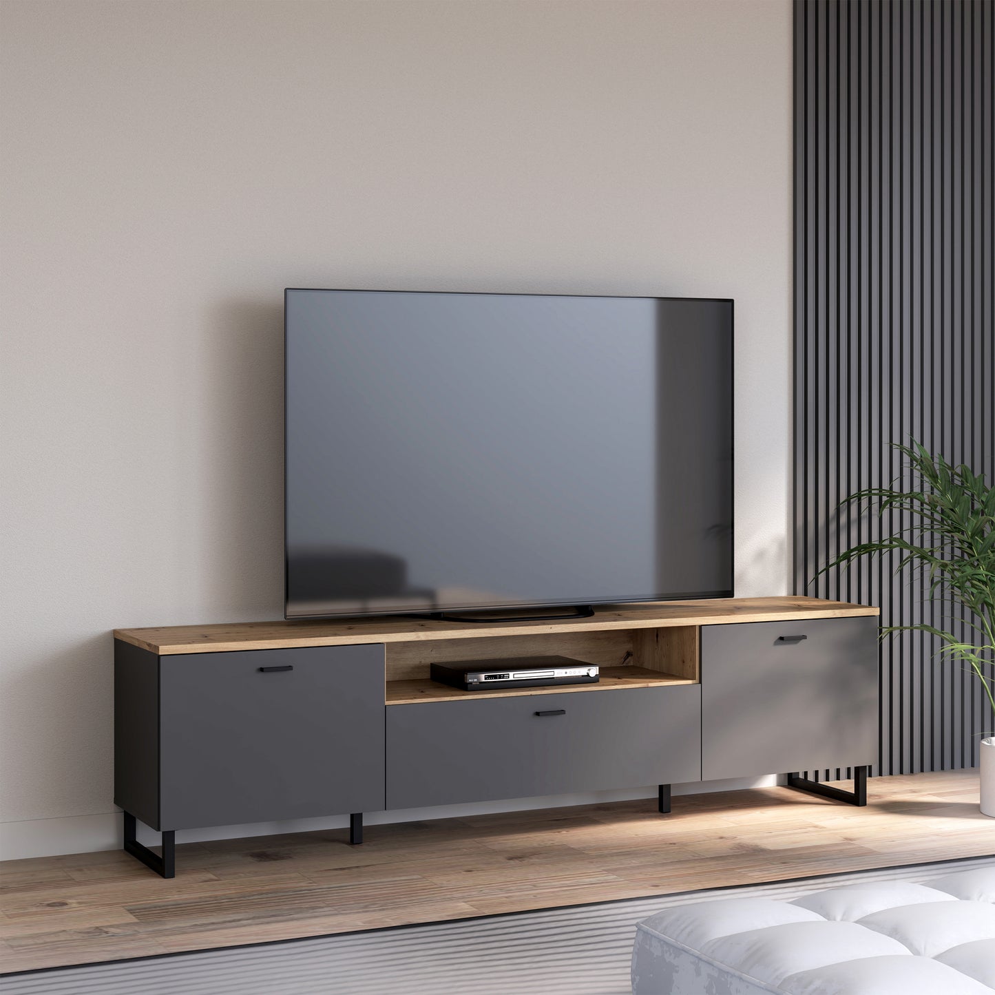 Klara TV Unit with 2 Drawers 1 Flip Door in Grey and Oak