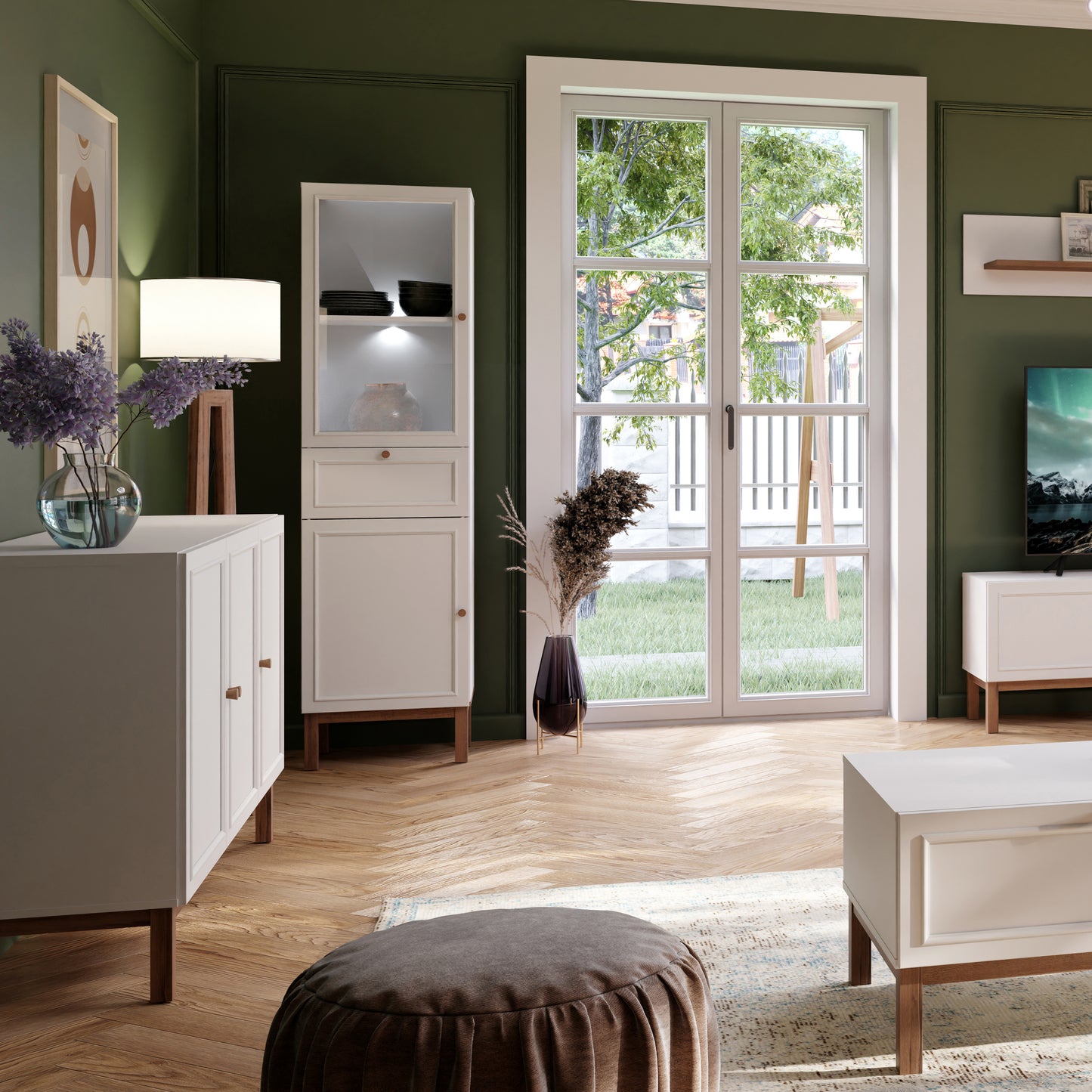 Wensley Display Cabinet with 1 Door 1 Drawer and  1 Glass Door in Light Grey and Oak