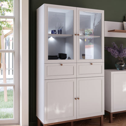 Wensley Display Cabinet with 2 Doors 2 Drawers and 2 Glass Doors in Light Grey and Oak