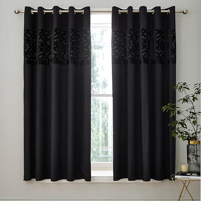 Catherine Lansfield Lattice Cut Velvet  Lined Eyelet Curtains Two Panels