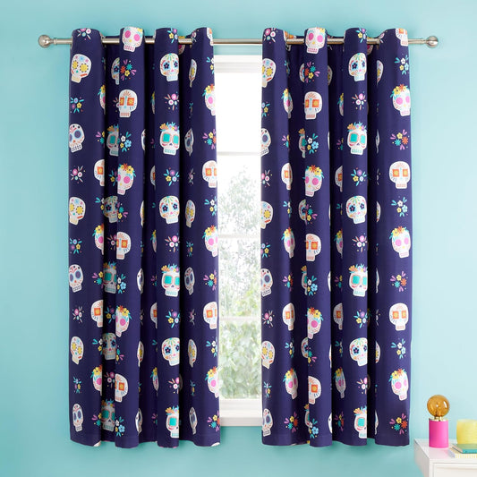 Catherine Lansfield Sugar Skull Fiesta Reversible Eyelet Curtains Two Panels