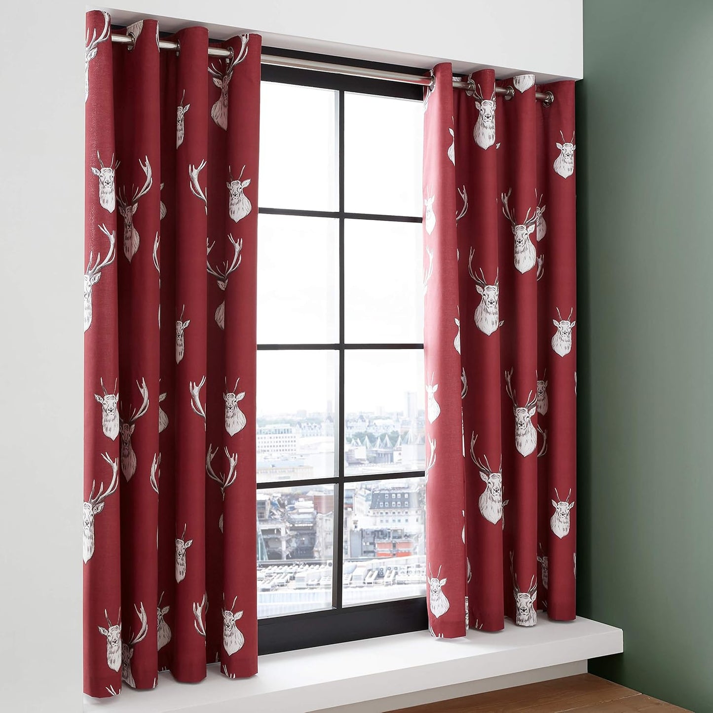 Catherine Lansfield Munro Stag Check  Lined Eyelet Curtains Two Panels