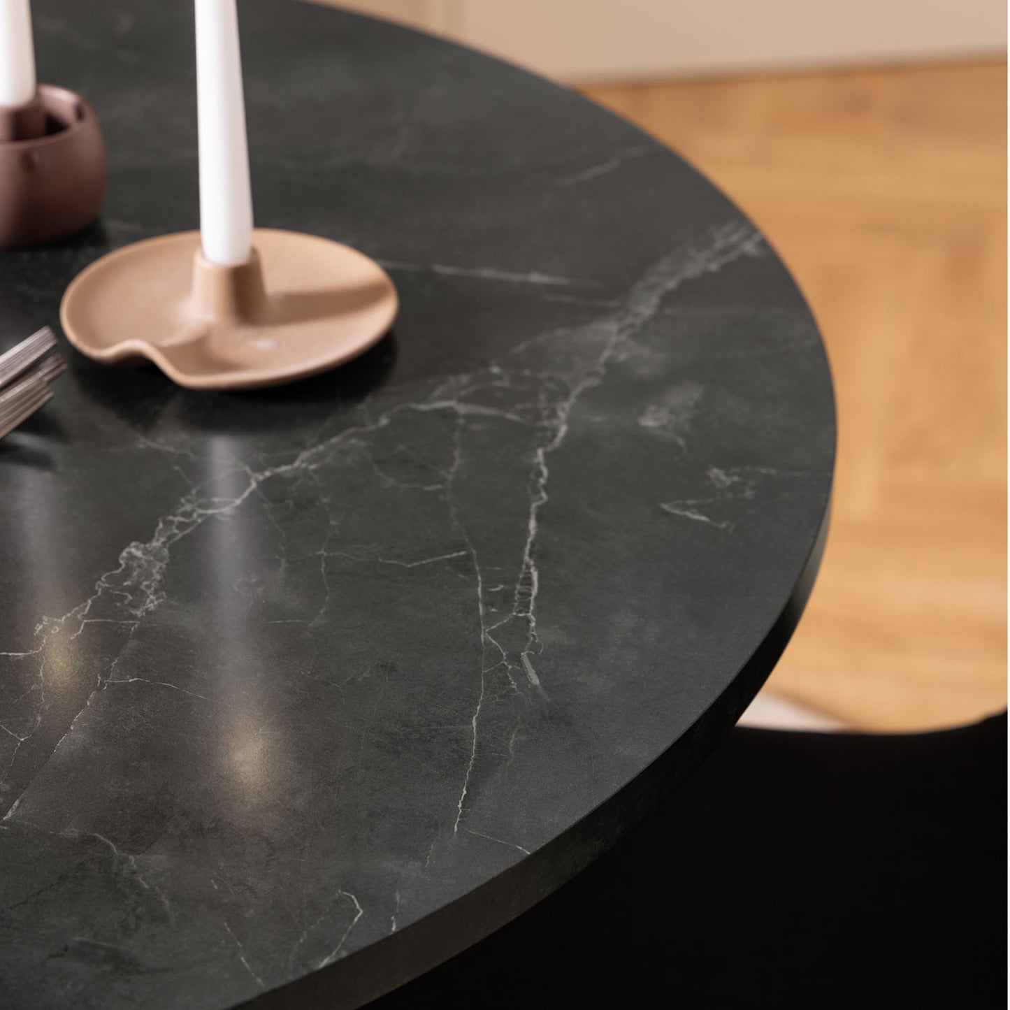 Amble Round Dining Table with Brown Marble Melamine Top & Black Legs