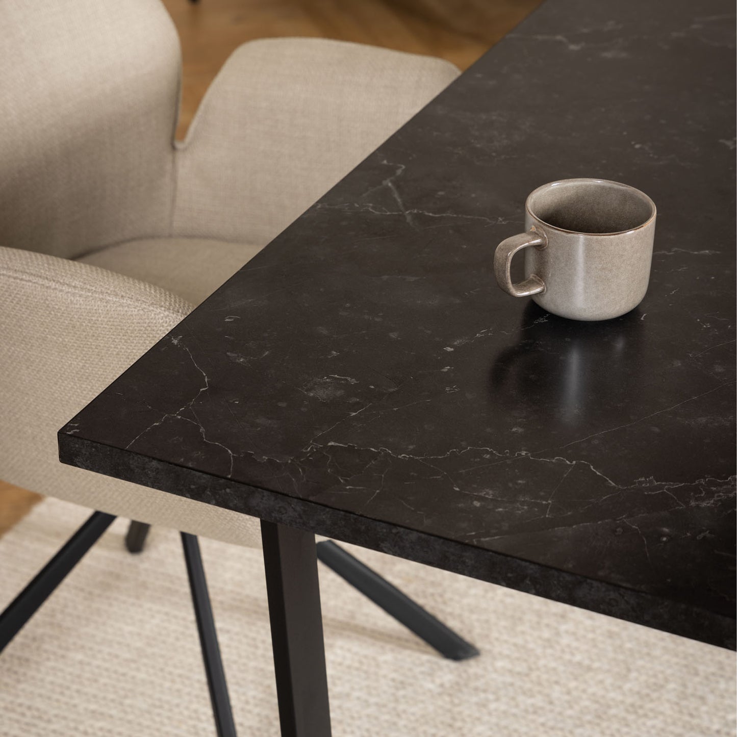 Amble Dining Table with Black Marble Melamine Top & Black Legs