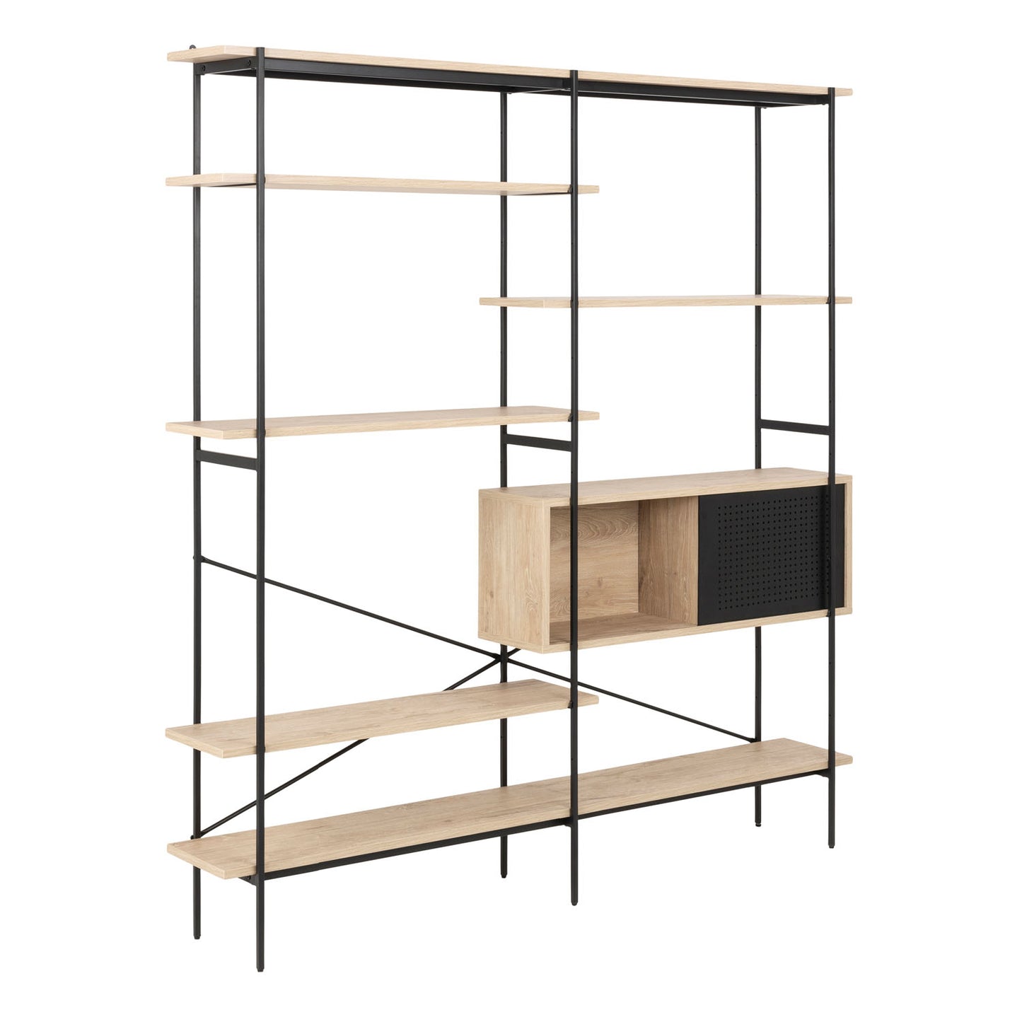 Angus Bookcase with 1 Sliding Door & 5 Shelves in White Oak & Black