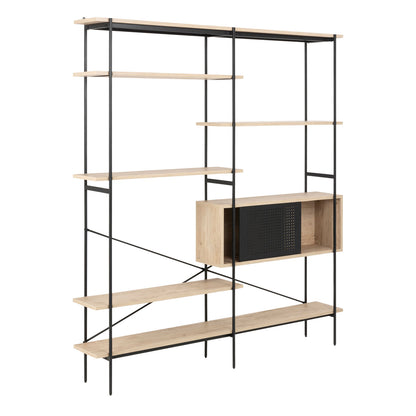 Angus Bookcase with 1 Sliding Door & 5 Shelves in White Oak & Black