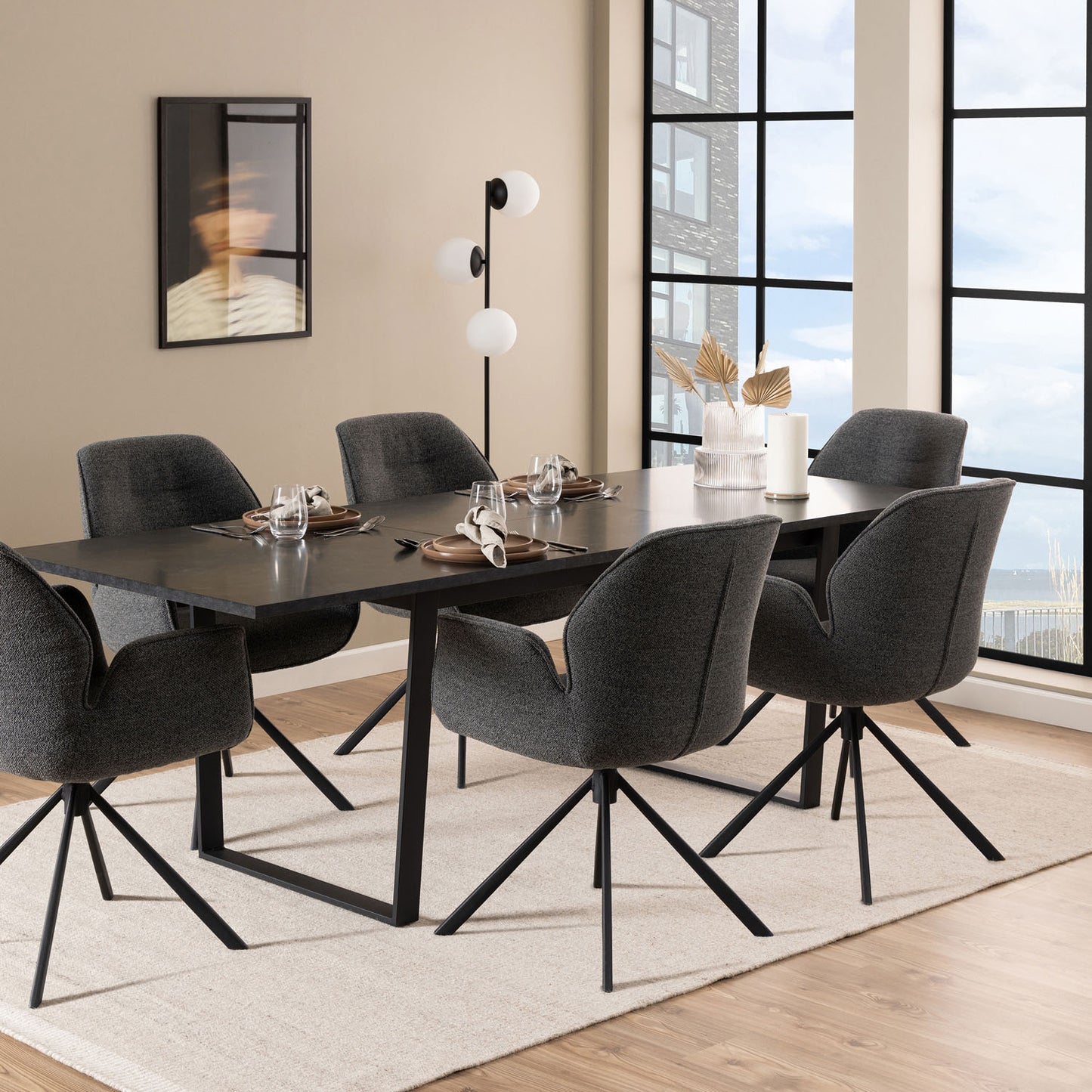 Amble Extending Dining Table with Black Marble Melamine Top & Black Legs 160-220