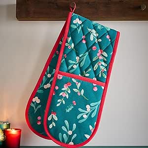 Catherine Lansfield Christmas Holly and Mistletoe Cotton Kitchen Double Oven Glove