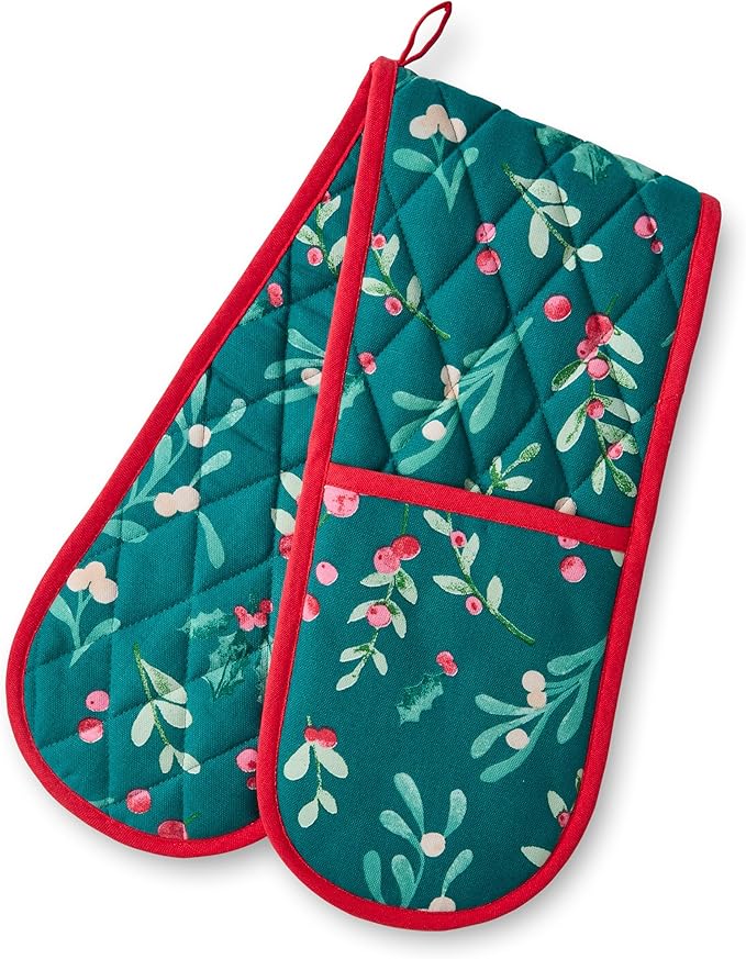 Catherine Lansfield Christmas Holly and Mistletoe Cotton Kitchen Double Oven Glove