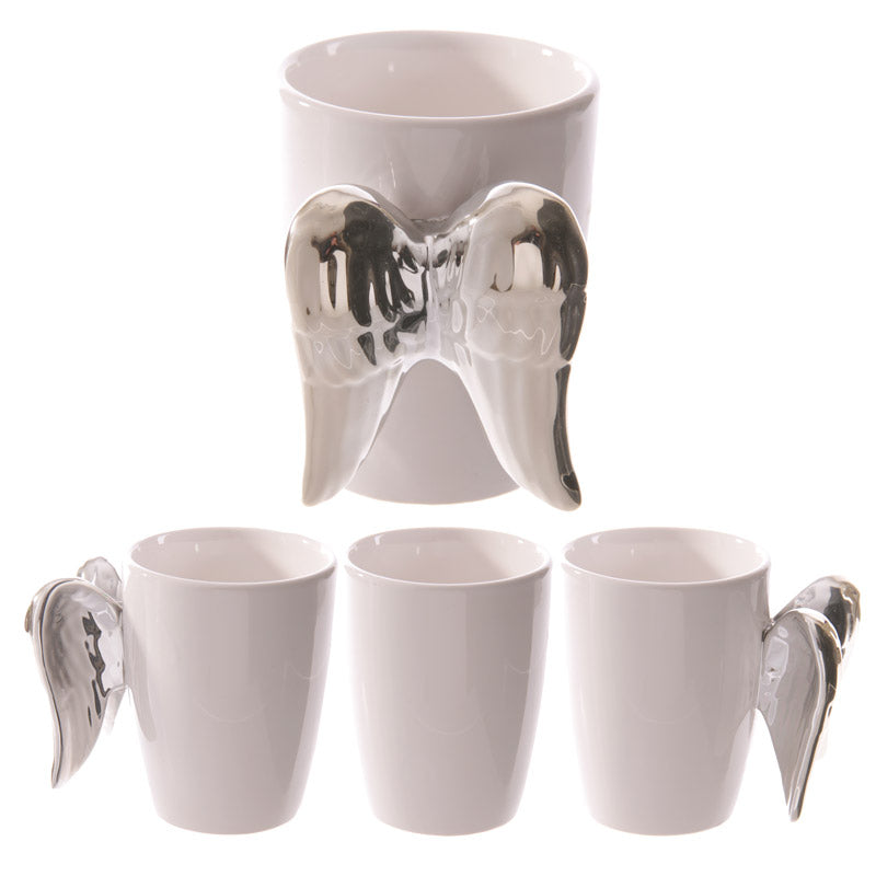 Shaped Handle Ceramic Mug - Silver Angel Wings