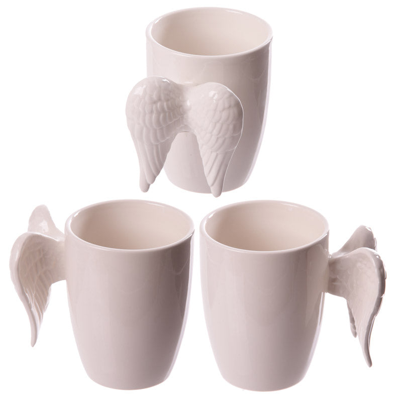 Shaped Handle Ceramic Mug - White Angel Wings