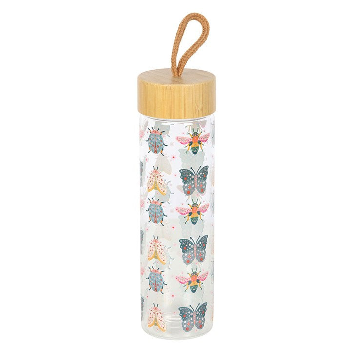 Floral Bug Print Glass Water Bottle