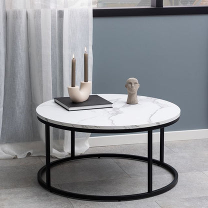 Spiro Coffee Table with Marble Melamine Top & Black Legs
